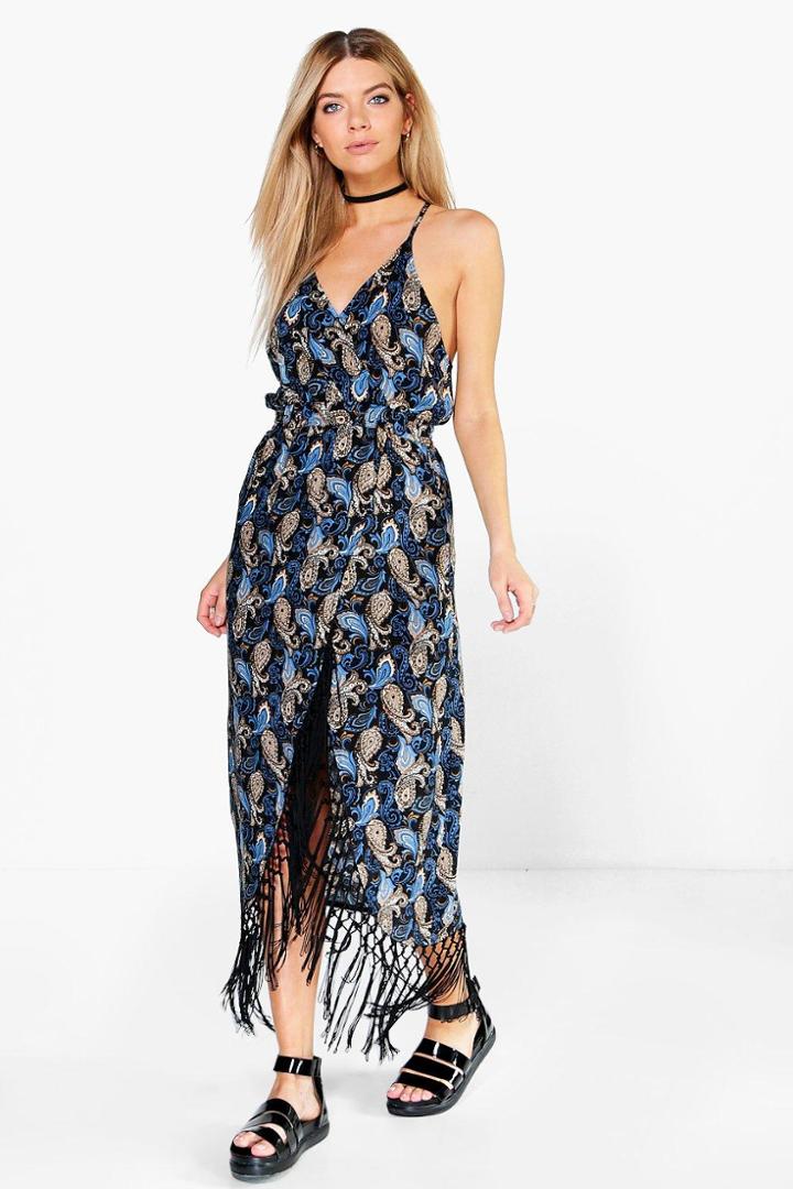 Boohoo Ana Floral Fringe Strappy Midi Dress Black