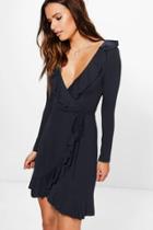 Boohoo Fran Ruffle Tie Wrap Tea Dress Midnight