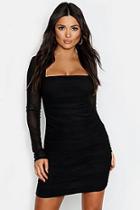 Boohoo Square Neck Ruched Mesh Bodycon Dress