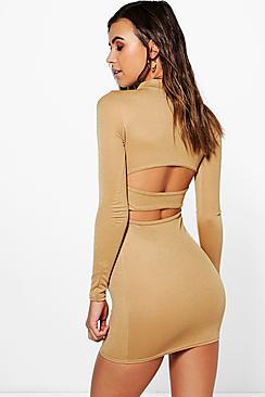 Boohoo Petite Katy Long Sleeve Turtle Neck Backless Strap Dress