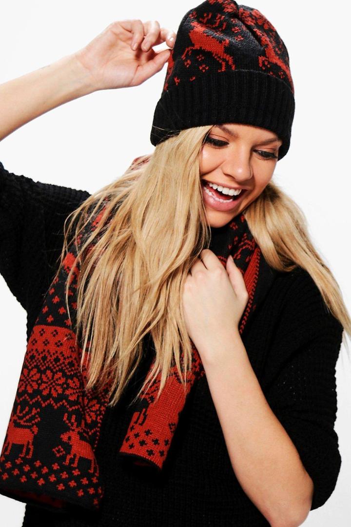 Boohoo Iris Fairisle Reindeer Hat & Scarf Set Red