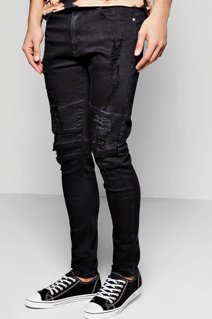 Boohoo Black Denim Biker Jeans With Distressing In Skinny Fit Black