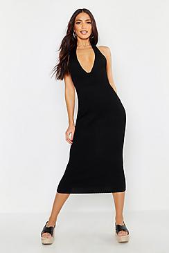 Boohoo Halter Plunge Rib Knit Midaxi Dress