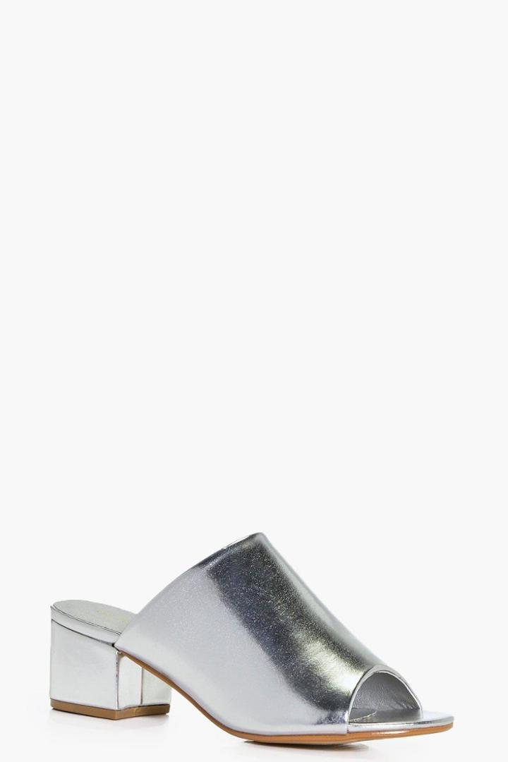 Boohoo Lena Block Heel Metallic Peeptoe Mule Silver