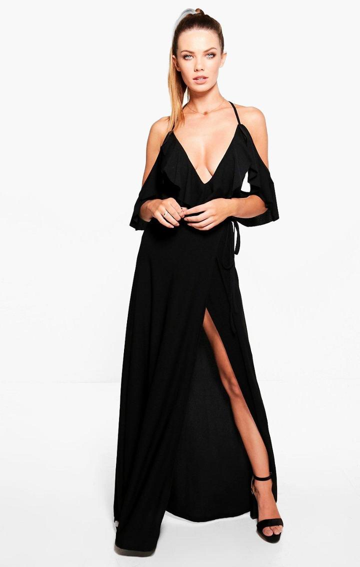 Boohoo Lyla Frill Detail Drop Shoulder Wrap Tie Maxi Dress Black