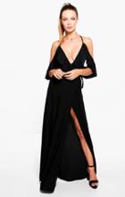 Boohoo Lyla Frill Detail Drop Shoulder Wrap Tie Maxi Dress Black