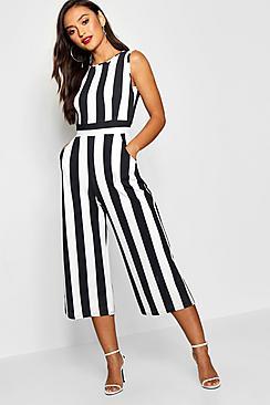 Boohoo Petite Monochrome High Neck Striped Jumpsuit