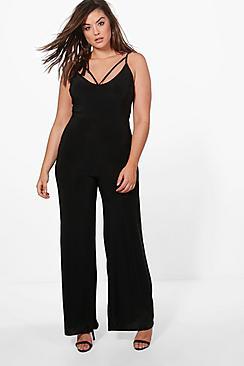 Boohoo Plus Kelly Strappy Detail Plunge Wide Leg Jumpsuit