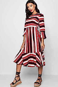 Boohoo Ariah Nautical Stripe Ruffle Hem Skater Dress