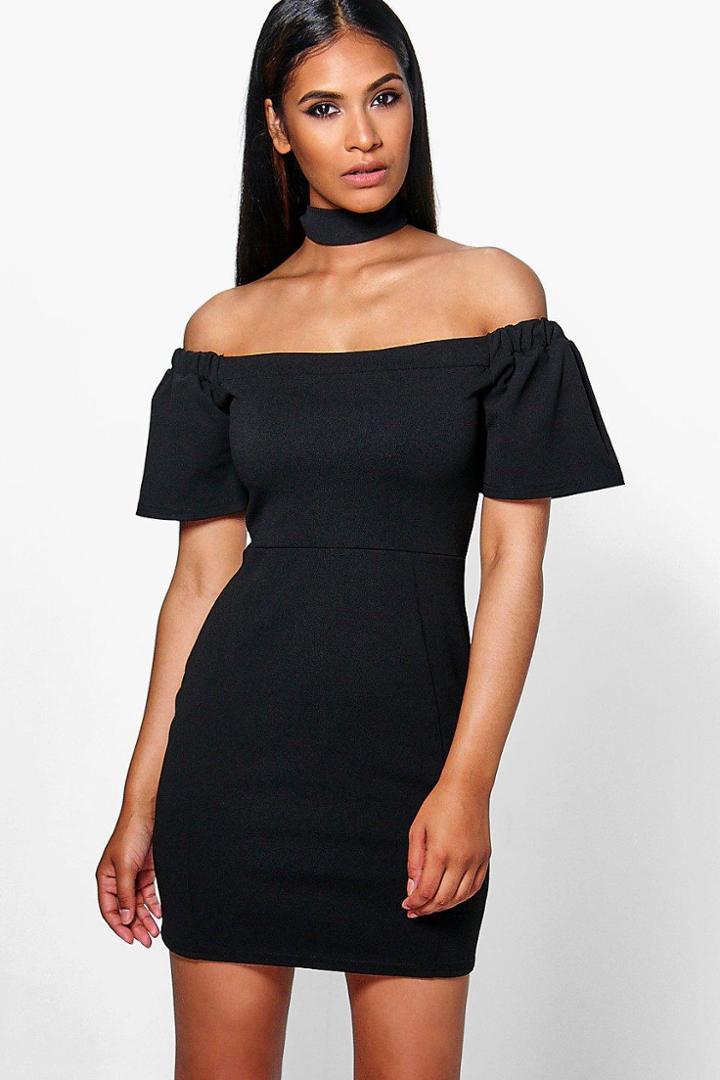 Boohoo Louise Off Shoulder Choker Midi Dress Black