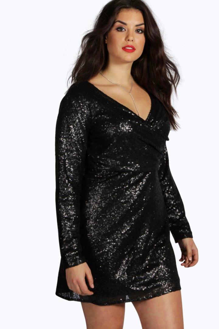 Boohoo Plus Julia Sequin Wrap Front Dress Black