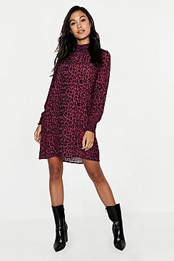 Boohoo Woven Leopard Sheared Neck Shift Dress