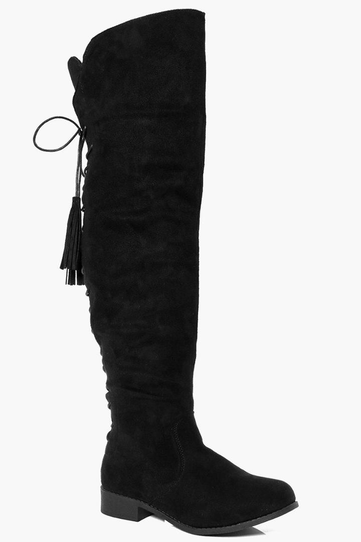 Boohoo Rose Flat Lace Back Tassel Long Leg Boot Black