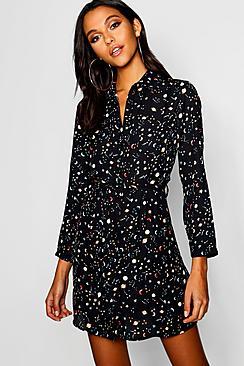 Boohoo Celestial Print Button Through Shirt Dress