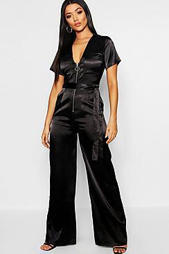 Boohoo Satin Utility Cargo Zip Front Wide Leg Jumpsuit