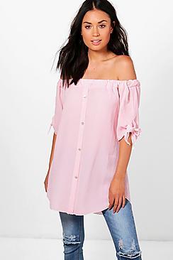Boohoo Isla Button Down Stripe Bardot Shirt