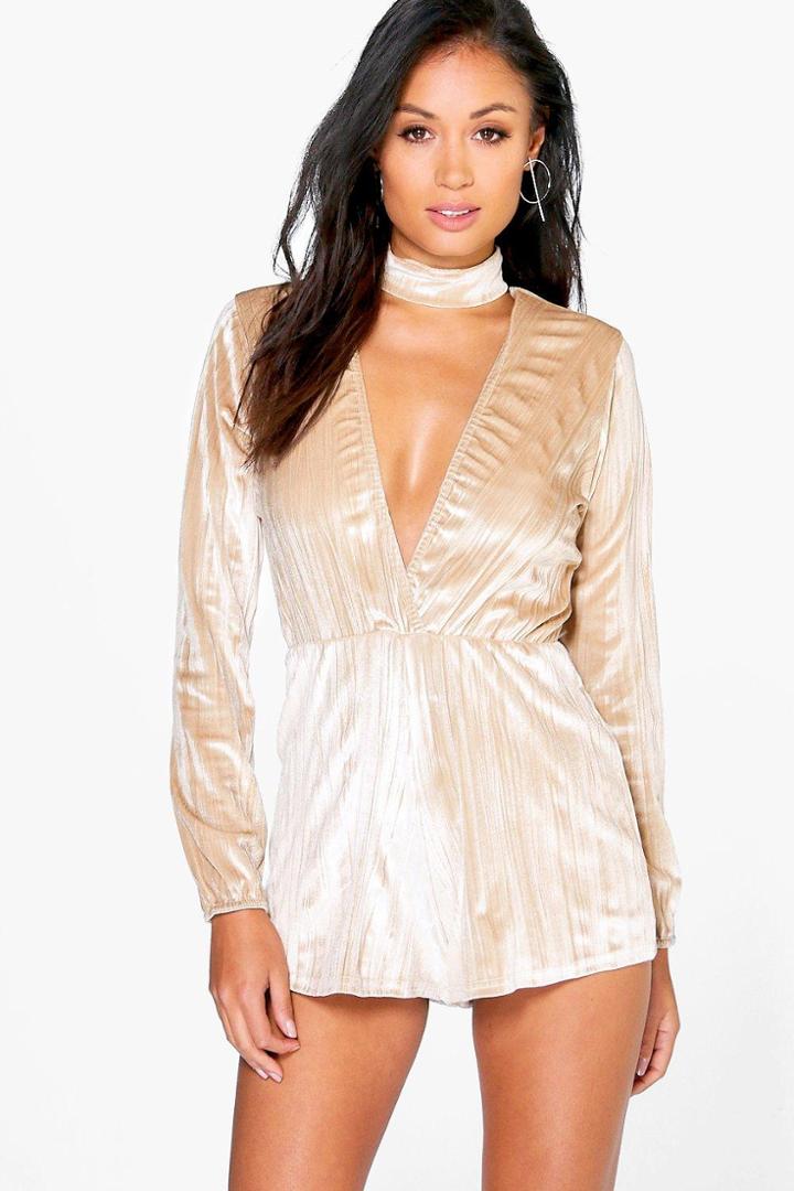 Boohoo Julia Choker Style Crushed Velvet Playsuit Champagne