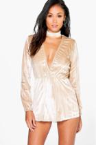 Boohoo Julia Choker Style Crushed Velvet Playsuit Champagne