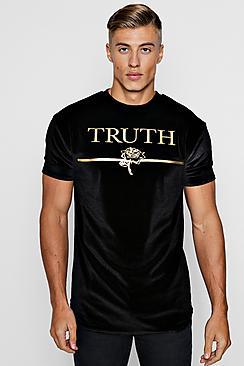 Boohoo Velvet Curved Hem T-shirt With Gold Print