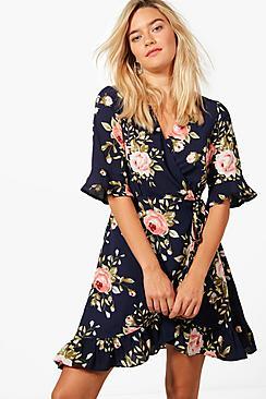 Boohoo Christina Floral Frill Hem Wrap Dress