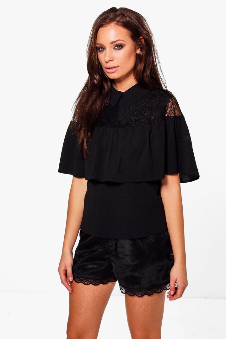 Boohoo Layla Lace Insert Ruffle Blouse Black