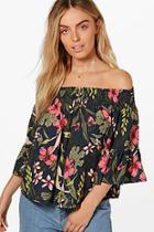 Boohoo Jessica Off The Shoulder Printed Ruffle Top