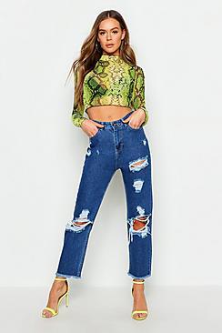 Boohoo Mid Rise Distressed Straight Leg Rigid Jeans