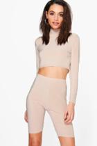 Boohoo Heather Slinky Crop & Shorts Co-ord Set Sand