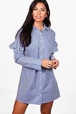 Boohoo Rosie Ruffle Shoulder Stripe Shirt Dress