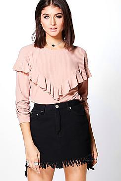 Boohoo Adrianna Soft Rib Frill Front Top