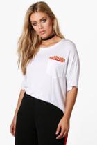 Boohoo Plus Neve Flame Applique Pocket Detail Tee White