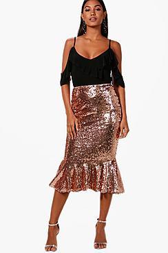 Boohoo Jasmine Sequin Ruffle Hem Midi Skirt