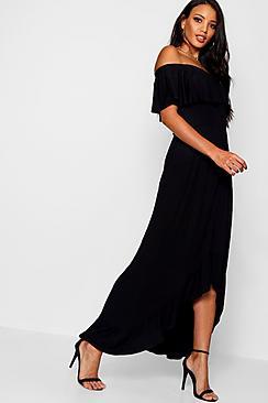 Boohoo Off The Shoulder Dipped Hem Maxi Dress
