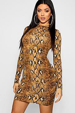 Boohoo Long Sleeve Snake Print Bodycon Dress