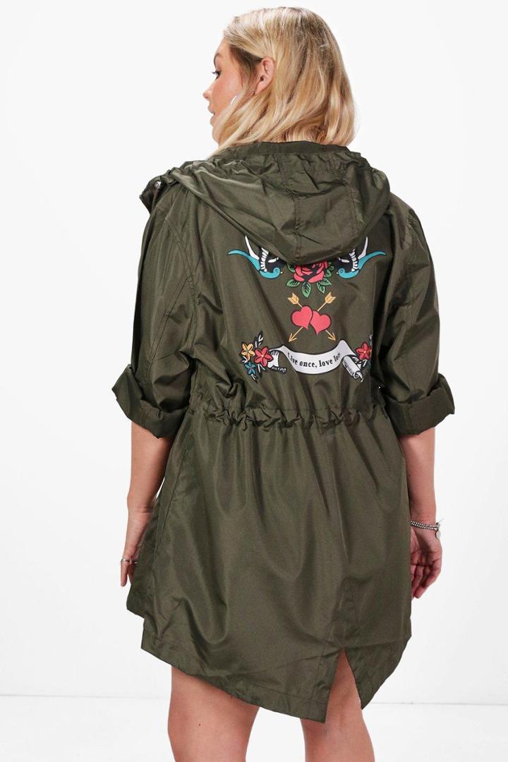 Boohoo Plus Claire Printed Back Mac Khaki