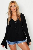 Boohoo Plus Button Detail Plunge Flare Sleeve Blouse