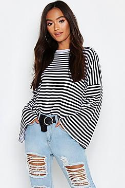 Boohoo Petite Stripe Wide Sleeve Top