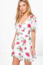 Boohoo Hermia Rose Print Plunge Neck Skater Dress