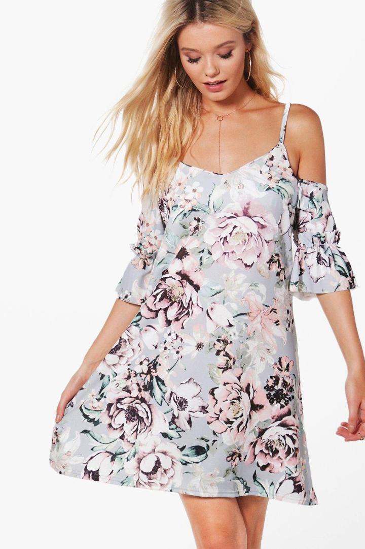 Boohoo Em Floral Cold Shoulder Ruffle Shift Dress Multi