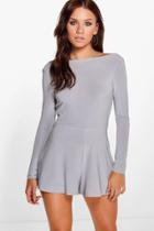 Boohoo Bella Cowl Back Long Sleeve Playsuit Grey