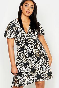Boohoo Plus Satin Star Leopard Wrap Tea Dress