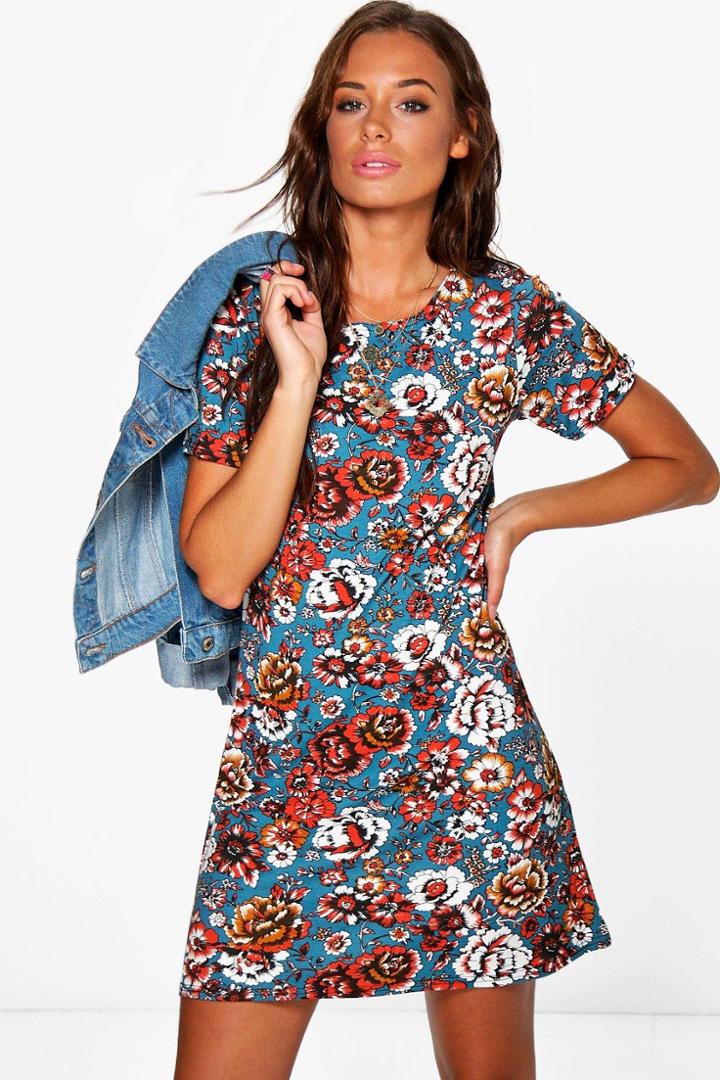 Boohoo Darcey Printed Shift Dress Blue