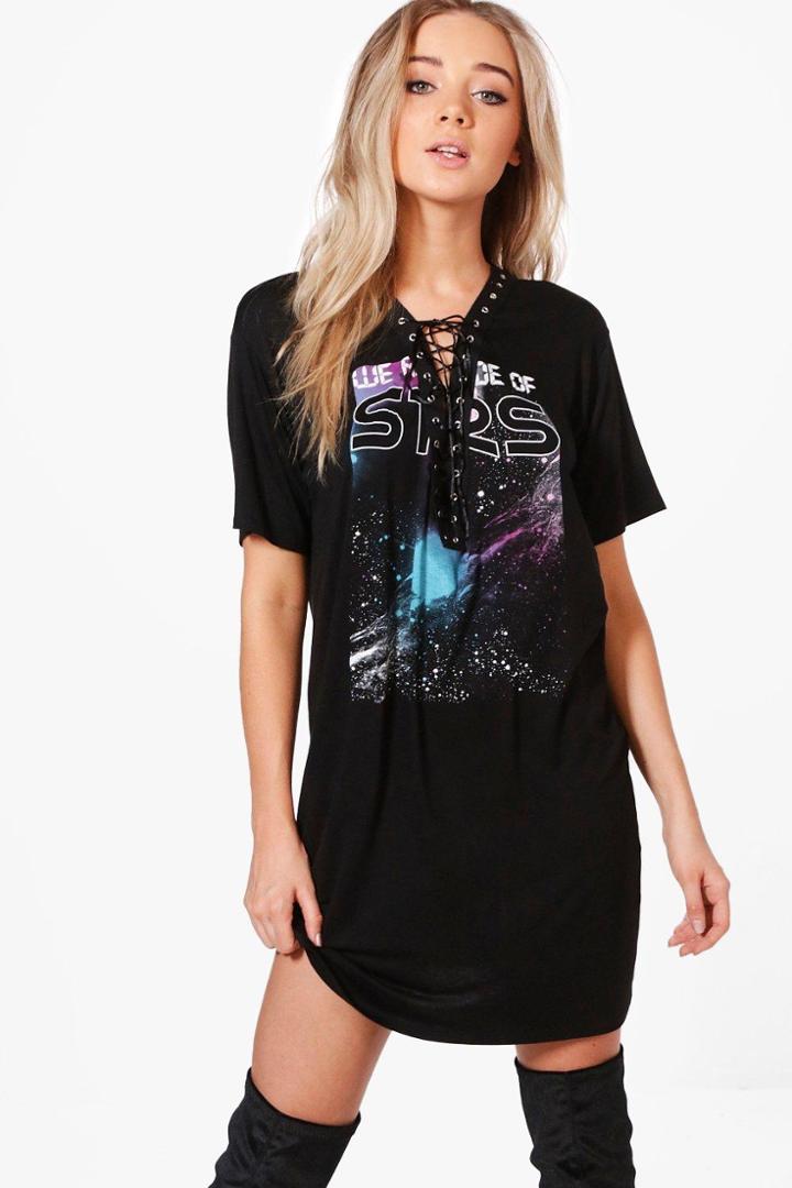 Boohoo Nora Lace Up Cosmic Printed T-shirt Dress Black