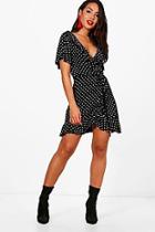 Boohoo Alana Wrap Spot Print Frill Detail Tea Dress