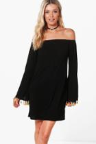 Boohoo Cara Off The Shoulder Tassel Trim Dress Black