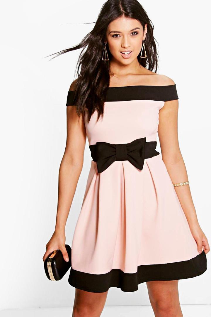 Boohoo Denise Bow Detail Bardot Skater Dress Blush