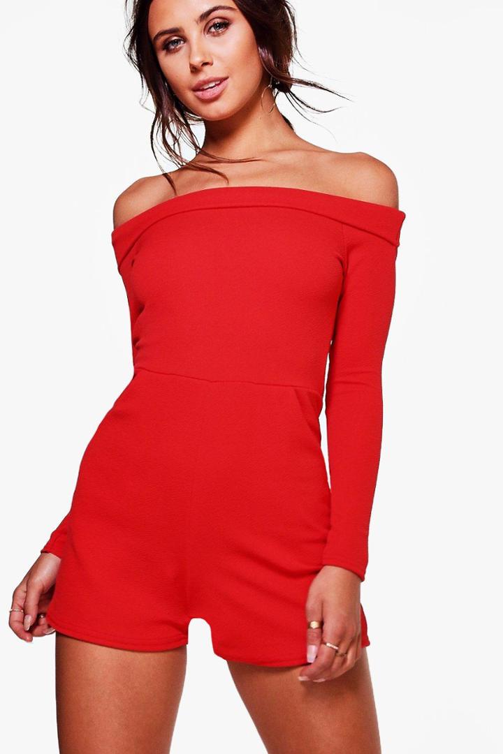 Boohoo Petite Tanya Long Sleeve Off The Shoulder Playsuit Red
