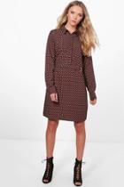 Boohoo Grace Geo Print Belted Shirt Dress Red