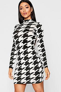 Boohoo Dogtooth Polo Neck Bodycon Dress