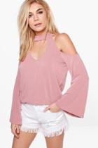 Boohoo Ellie Cold Shoulder Fine Knit Jumper Rose